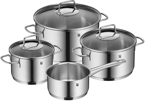 WMF Astoria Kochgeschirr-Set, 4-teilig, hohe Kochtöpfe mit Deckel (16/24 cm), niedriger Kochtopf mit Deckel (20 cm), Stielkasserolle (16 cm), Cromargan Edelstahl poliert, induktionsgeeignet von WMF