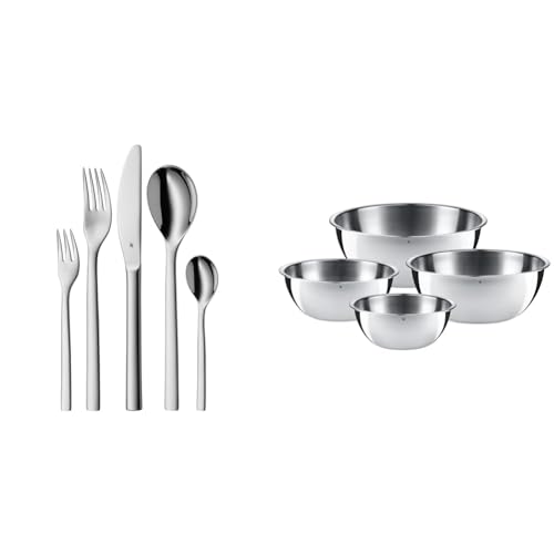 WMF Atria Besteck Set 12 Personen, 60 teilig, spülmaschinenfest & Gourmet Schüsselset 4-teilig, für die Küche 0,75l - 2,75l, Rührschüssel, Salatschüssel, Servierschüssel, Cromargan, stapelbar von WMF