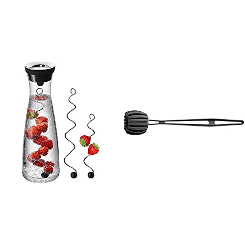 WMF Basic Wasserkaraffe Set 3-teilig, Karaffe 1l mit 2 Fruchtspieße verschiedene Größen, Glaskaraffe mit Deckel & Basic Flaschenbürste lang 41 cm, Reinigungsbürste mit 6 weichen Reinigungsschwämmen von WMF