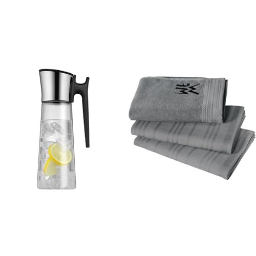 WMF Basic Wasserkaraffe mit Griff 1,5 liter, Glaskaraffe mit Deckel 1,5 l & Küchenhandtuch-Set 3-teilig, Baumwolle Küchentücher, 2 Geschirrtücher, Handtuch, Geschirrhandtuch von WMF