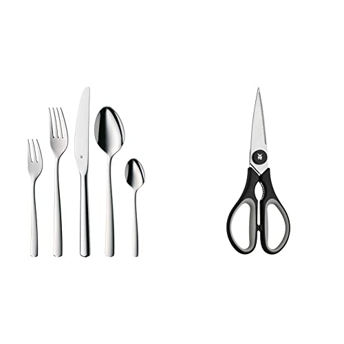 WMF Boston Besteck Set 12 Personen, Essbesteck 60 teilig, Monobloc-Messer, Cromargan Edelstahl poliert, glänzend, spülmaschinenfest & Touch Küchenschere 21 cm, Haushaltsschere mit Sägeschliff schwarz von WMF