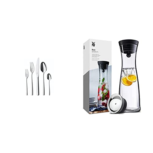 WMF Boston Besteck Set 12 Personen, Essbesteck 60 teilig, Monobloc-Messer & Basic Wasserkaraffe aus Glas, 1 Liter, Glaskaraffe mit Deckel, Silikondeckel, CloseUp-Verschluss von WMF