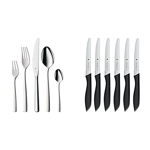 WMF Boston Edelstahl Besteck Set 6 Personen, Essbesteck Set 30 teilig, Monobloc-Messer & Classic Line Frühstücksmesser Set 6-teilig, 23 cm, Brötchenmesser Wellenschliff, Brotzeitmesser von WMF