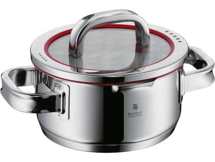 WMF Bratentopf Function 4, Cromargan® Edelstahl Rostfrei 18/10 (2-tlg), wärmereduzierende Griffe, mit 4 Abgießfunktionen, Innenskalierung von WMF
