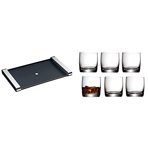 WMF Club Tablett 54 x 32 cm mit Tragegriffen, Echtholz lackiert, Cromargan Edelstahl, schwarz & Easy Plus Gin Gläser Set 6-teilig, Tumbler Glas 300 ml, Whisky Gläser, spülmaschinengeeignet von WMF