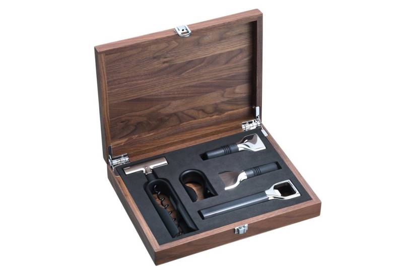 WMF Cocktail Shaker Baric, Cromargan® Edelstahl rostfrei 18/10, (1x Korkenzieher (7 x 16 cm), 1x Folienschneider (Höhe 7 cm, Ø 4 cm), 1x Flaschenverschluss (9,5 x 3,5 cm), 1x Weinausgießer (Höhe 9,5 cm), 1x Flaschenöffner (15 x 3,5 cm), 1x Walnussholzbox (20 x 19 x 4,5 cm), 5-tlg) von WMF