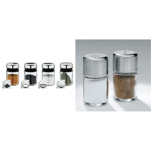 WMF Depot Gewürzstreuer-Set 4-teilig, 100ml, Gewürzdose, Gewürzstreuer, Gewürzglas, Glas, Cromargan Edelstahl & Bel Gusto Salz und Pfeffer Streuer Set 2-teilig, Streuer klein, Salzstreuer mini von WMF