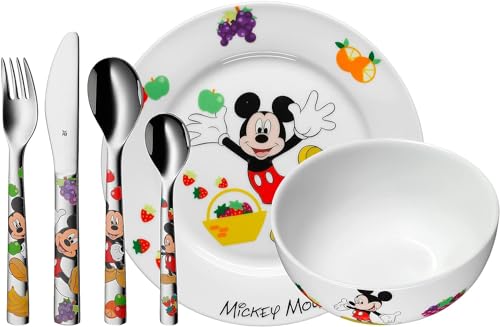 WMF Disney Mickey Mouse Kinder Geschirrset 6-teilig, Kindergeschirr mit Kinderbesteck Edelstahl, ab 3 Jahre, Cromargan poliert, spülmaschinengeeignet von WMF