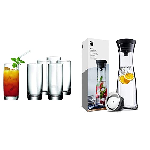 WMF Easy Longdrinkgläser Set 6-teilig, Cocktailglas 350ml, Kristallglas, bruchsicher & Basic Wasserkaraffe aus Glas, 1 Liter, Glaskaraffe mit Deckel, Silikondeckel, CloseUp-Verschluss von WMF