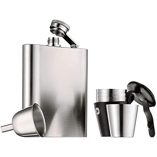 WMF Manhattan Flachmann Edelstahl 6-teilig, Flachmann 200ml, Flask 20cl, Trichter, Stamper im Lederetui, Cromargan Edelstahl mattiert, Geschenkidee von WMF