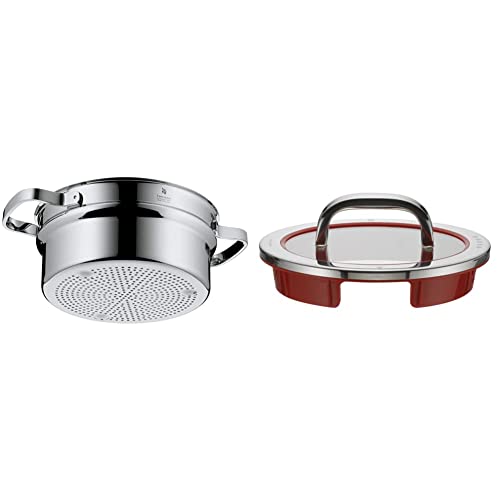 WMF Function 4 Gemüse-/ Kartoffeldämpfer 20 cm, Dampfgarer Einsatz für Topf & Function 4 Topfdeckel 16 cm, Glasdeckel mit 4 Abgießfunktionen, Glas, Silikon, Cromargan Edelstahl poliert, rot von WMF