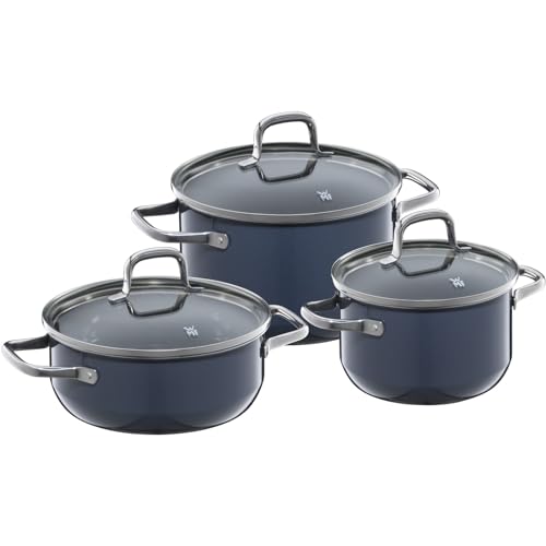 WMF Fusiontec Essential Topfset Induktion 3-teilig, Kochtopf Set mit Glasdeckel, Induktions Töpfe Set, High-Tech Keramik, kratzfest, unbeschichtet, ohne Innenskalierung, tropffrei, dunkelblau von WMF