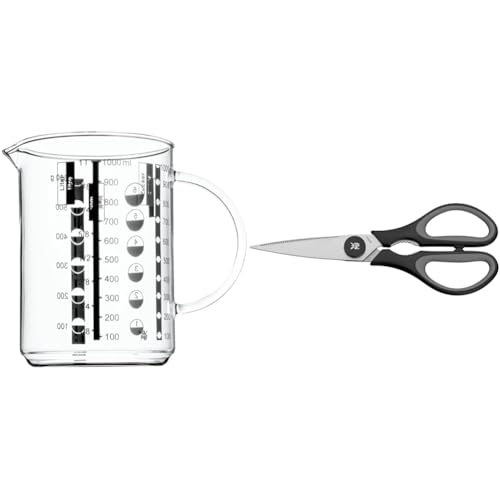 WMF Gourmet Glas Messbecher 1,0l, hitzebeständiges Glas, Skalierung für Liter, Milliliter, Tassen und Gramm & Touch Küchenschere 21 cm, Haushaltsschere mit Sägeschliff, schwarz von WMF