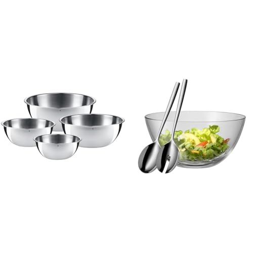 WMF Gourmet Schüsselset 4-teilig, Edelstahl Schüsseln für die Küche 0,75l - 2,75l & Taverno Salatschüssel Set 3-teilig, Salatbesteck 25 cm mit Salatschale, runde Schale 23,5 cm, Glas, 43 x 30 x 30 cm von WMF