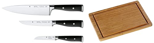 WMF Grand Class Messerset 3teilig, Spezialklingenstahl, 3 Griff vernietet, Küchenmesser & Schneidebrett Bambus natur, 38 x 25 x 1,9 cm, Holzbrett rechteckig - Tranchierbrett mit Saftrille von WMF