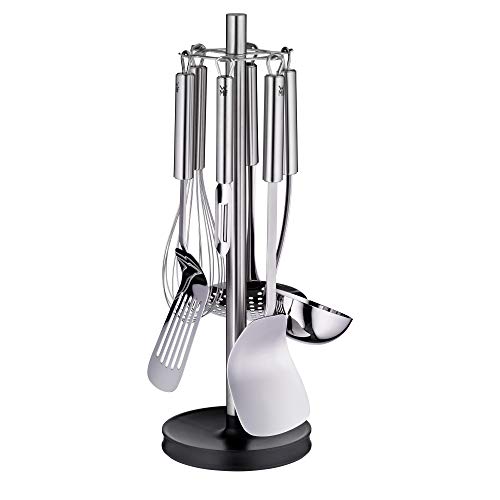 WMF Profi Plus Küchenhelfer Set Edelstahl 7-teilig, Küchenbesteck, Ständer mit 6 Helfern, Schöpflöffel, Schaumlöffel, Wokwender, Wender, Schneebesen, Gemüseschäler, Cromargan Edelstahl, spülmaschinengeeignet von WMF