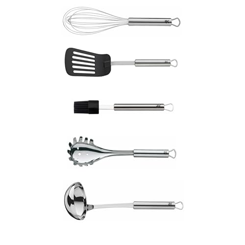 WMF Set 5-teilig Profi Plus Küchenhelfer Set, Suppenkelle Edelstahl 30 cm und Spaghettilöffel 32 cm und Schneebesen Edelstahl 25 cm und Pfannenwender Kunststoff 32,2 cm und Silikon-Backpinsel 20 cm von WMF