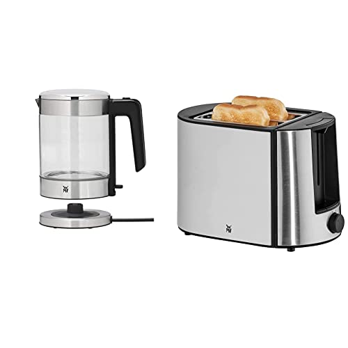 WMF Küchenminis Glas-Wasserkocher 1,0l, 1900 Watt, Wasserstandanzeige & Bueno Pro Toaster Edelstahl, Doppelschlitz Toaster mit Brötchenaufsatz, 2 Scheiben, 6 Bräunungsstufen, 870 W, edelstahl matt von WMF