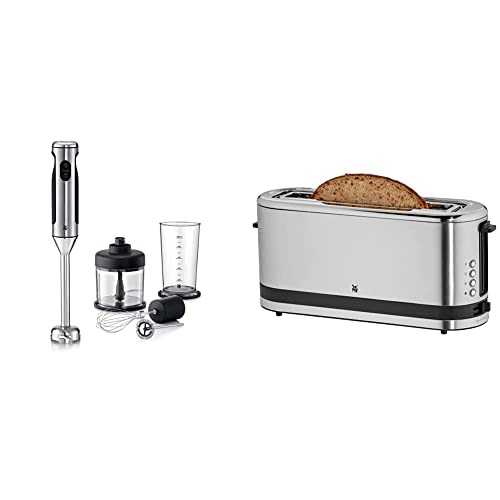 WMF Lineo Edelstab Stabmixer 4 in 1: Pürierstab, Schneebesen, 700 Watt, inkl. Mixbehälter (1l), cromargan matt/silber & Küchenminis Toaster Langschlitz mit Brötchenaufsatz, 2 Scheiben, XXL, 900W von WMF