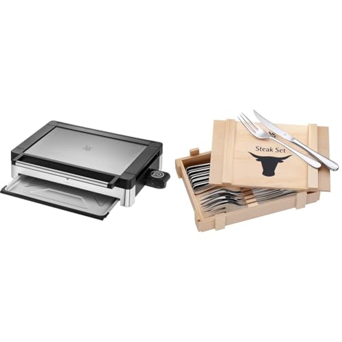 WMF Lono Elektro Tischgrill mit Glasdeckel, beschichtete Grillplatte, 2200 Watt, edelstahl matt & Steakbesteck 12-teilig Steakbesteck Set für 6 Personen, Steakmesser, Steakgabel von WMF