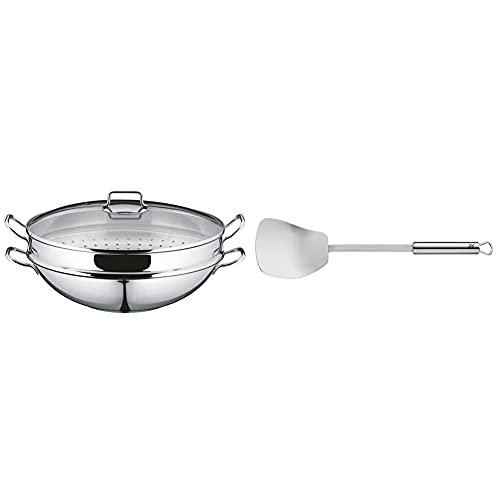 WMF Macao Wok-Set Induktion 4-teilig, Wok-Pfanne 36 cm mit Glasdeckel, Ablagegitter, Dämpfereinsatz Cromargan Edelstahl poliert, unbeschichtet & Profi Plus Wok-Wender 36,2 cm, Pfannenwender von WMF