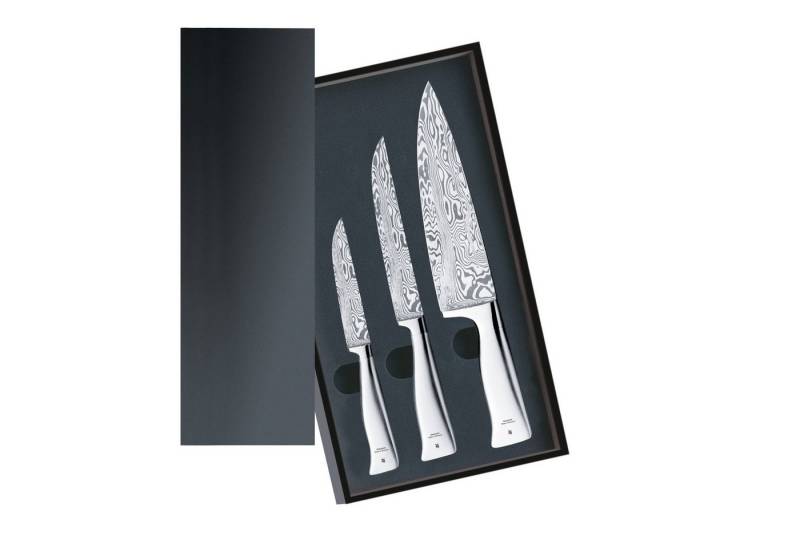 WMF Messer-Set Damasteel (1x Damast- Allzweckmesser (Gesamtlänge 23 cm, Klinge 11 cm), 1x Damast- Fleischmesser (Gesamtlänge 29,5 cm, Klinge 17 cm), 1x Damast- Kochmesser (Gesamtlänge 33,5 cm, Klinge 20 cm), 3-tlg., Allzweckmesser, Fleischmesser, Kochmesser), Damasteel von WMF