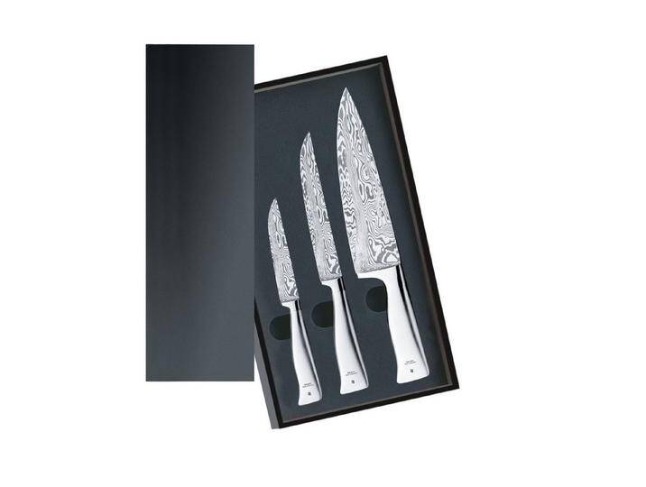 WMF Messer-Set Damasteel (1x Damast- Allzweckmesser (Gesamtlänge 23 cm, Klinge 11 cm), 1x Damast- Fleischmesser (Gesamtlänge 29,5 cm, Klinge 17 cm), 1x Damast- Kochmesser (Gesamtlänge 33,5 cm, Klinge 20 cm), 3-tlg., Allzweckmesser, Fleischmesser, Kochmesser) von WMF