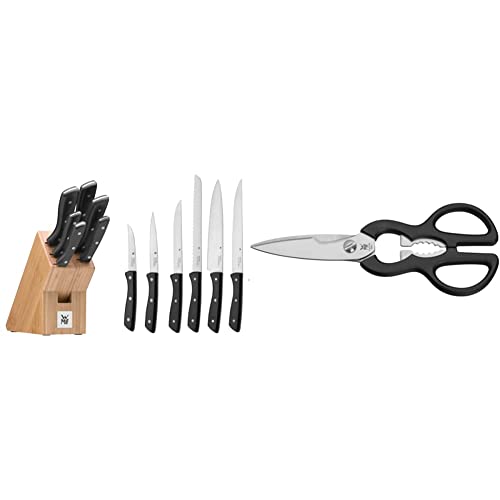 WMF Messerblock mit Messerset 7-teilig, Küchenmesser Set mit Messerhalter, 6 scharfe Messer, Bambus-Block, Spezialklingenstahl & Küchenschere 21 cm, Haushaltsschere mit Sägeschliff, Edelstahl von WMF