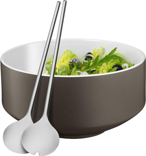 WMF Moto Salatschüssel Set 3-teilig, Salatbesteck 32 cm mit Salatschale, runde Schale 26 cm, Porzellan, Cromargan Edelstahl poliert, spülmaschinengeeignet, grau von WMF