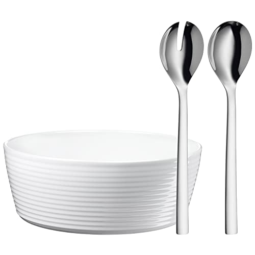 WMF Nuova Salatschüssel Set 3-teilig, Salatbesteck 30 cm mit Salatschale, Cromargan Edelstahl poliert, Porzellan, spülmaschinengeeignet von WMF