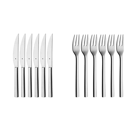 WMF Nuova Steakmesser Set 6-teilig 23 cm, Pizzabesteck, Cromargan Edelstahl poliert & Nuova Kuchengabel Set 6-teilig 16 cm, Cromargan Edelstahl poliert, glänzend, spülmaschinengeeignet von WMF