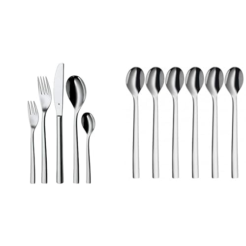 WMF Palermo Besteck Set 12 Personen, Essbesteck 60 teilig, Monobloc-Messer, Cromargan Edelstahl poliert & Latte Macchiato Löffel 6-teilig Nuova Cromargan Edelstahl rostfrei poliert von WMF