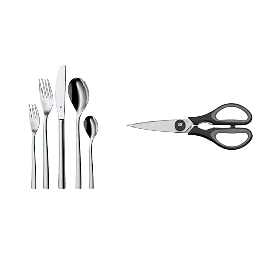 WMF Palermo Besteck Set 12 Personen, Essbesteck 60 teilig, Monobloc-Messer, Cromargan Edelstahl poliert & Touch Küchenschere 21 cm, Haushaltsschere mit Sägeschliff, Schere Küche, schwarz von WMF