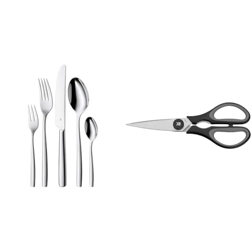 WMF Palma Besteck Set 12 Personen, Essbesteck 60 teilig, Monobloc-Messer & Touch Küchenschere 21 cm, Haushaltsschere mit Sägeschliff, Schere Küche, Cromargan Edelstahl, Softgriff, schwarz von WMF