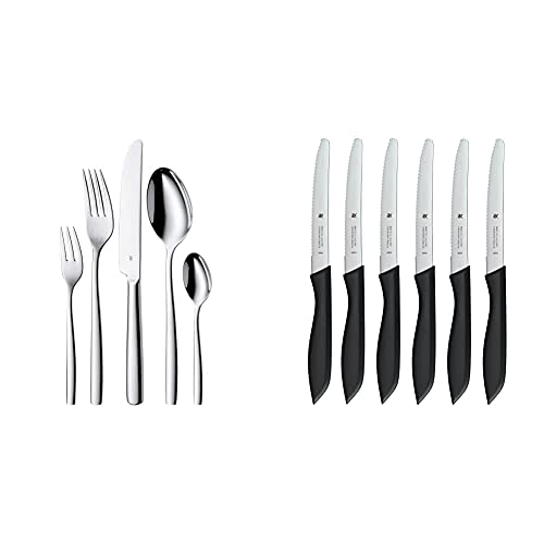 WMF Palma Edelstahl Besteck Set 6 Personen, Essbesteck Set 30 teilig, Monobloc-Messer & Classic Line Frühstücksmesser Set 6-teilig, 23 cm, Brötchenmesser Wellenschliff, Brotzeitmesser von WMF