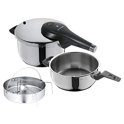 WMF Perfect Premium One Pot Schnellkochtopf Set Induktion 3-teilig, Dampfkochtopf 4,5l + 3l mit Einsatz-Set, Kochtopf groß, Cromargan Edelstahl, 2 Kochstufen, Drehknopf von WMF