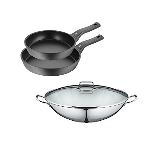 WMF Permadur Premium Pfannenset 3-teilig, Bratpfanne 24, 28 cm Induktion, Aluminium beschichtet + Macao Wokpfanne mit Glasdeckel, Cromargan Edelstahl von WMF