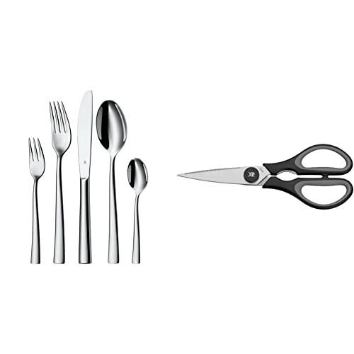 WMF Philadelphia Besteck Set 6 Personen, 30 teilig, Monobloc-Messer & Touch Küchenschere 21 cm, Haushaltsschere mit Sägeschliff, Schere Küche, Cromargan Edelstahl, Softgriff, schwarz von WMF