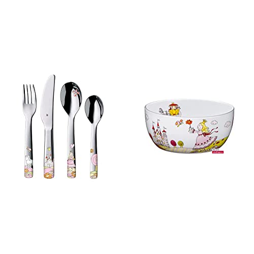 WMF Prinzessin Anneli Kinderbesteck Set 4-teilig, Kinderbesteck Edelstahl, Besteck Kinder ab 3 Jahre, Cromargan poliert & Prinzessin Anneli Kindergeschirr Kinder-Müslischale 13,8 cm von WMF