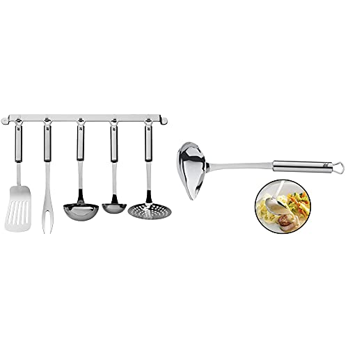 WMF Profi Plus Küchenhelfer Set 6-teilig, Hängeleiste mit 5 Helfer, Schöpflöffel, Schaumlöffel & Profi Plus Saucenlöffel 28 cm, Soßenkelle mit Schnaupe, Cromargan Edelstahl teilmattiert von WMF