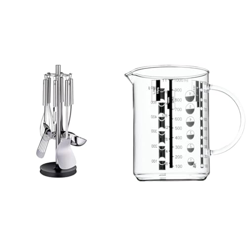 WMF Profi Plus Küchenhelfer Set 7-teilig, Ständer mit 6 Helfern, Schöpflöffel, Schaumlöffel, Wokwender & Gourmet Glas Messbecher 1l, hitzebeständiges Glas, Skalierung für Liter, Milliliter von WMF