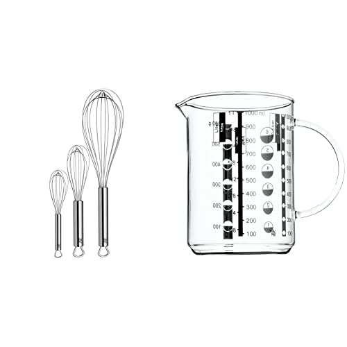 WMF Profi Plus Schneebesen Set 3-teilig, Cromargan Edelstahl teilmattiert & Gourmet Glas Messbecher 1l, hitzebeständiges Glas, Skalierung für Liter, Milliliter, Tassen und Gramm von WMF