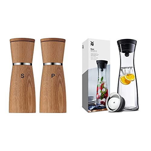 WMF Salz-/ Pfeffermühlen-Set 2-teilig Salzmühle Pfeffermühle Ceramill Nature mit Mahlwerk aus Keramik & Basic Wasserkaraffe 1,0l Höhe 29cm Glaskaraffe Karaffe CloseUp-Verschluss schwarz Glas Cromargan von WMF