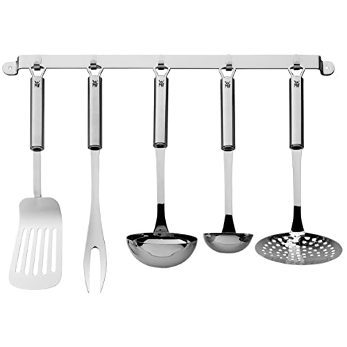 WMF Profi Plus Küchenhelfer Set 6-teilig, Hängeleiste mit 5 Helfer, Schöpflöffel, Schaumlöffel, Saucenlöffel, Wender, Fleischgabel, Kelle, Cromargan Edelstahl teilmattiert, spülmaschinengeeignet von WMF