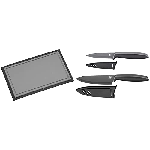 WMF Schneidebrett Tranchierbrett Touch schwarz 32 x 20 cm rechteckig aus Kunsstoff Saftrillen spülmaschinengeeignet leichte Reinigung & Messerset 2-teilig TOUCH schwarz 2 Messer Küchenmesser von WMF