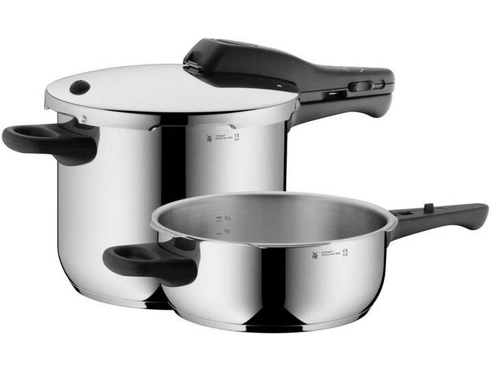 WMF Schnellkochtopf Perfect RDS, Cromargan® Edelstahl Rostfrei 18/10 (2-tlg., 1 Dampf-Druckkochtopf (V 6,5l, Ø 22cm), 1 Bratpfanne (V 3,0l, Ø 22cm), Dampfkochtopf mit abnehmbarem Deckelgriff von WMF