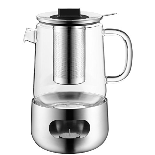 WMF SensiTea Teekanne mit Stövchen Set 3-teilig, Cromargan Edelstahl, Glaskanne 1,3l mit Siebeinsatz und Stövchen, spülmaschinegeeignet von WMF