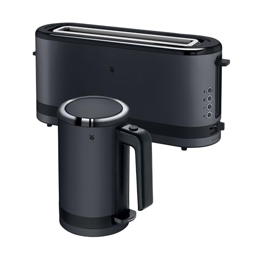 WMF Set 2-teilig Küchenminis Mini Reise-Wasserkocher Edelstahl 0,8l, elektrischer Wasserkocher mit Kalkfilter und Küchenminis Langschlitztoaster 2 Scheiben mit Brötchenaufsatz, Toaster schmal, schwarz von WMF
