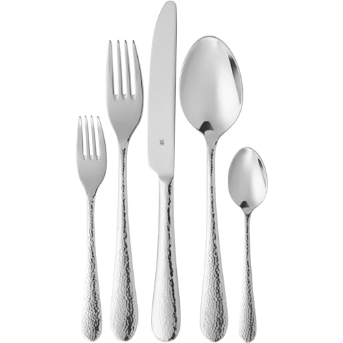 WMF Sitello Besteck Set 6 Personen, Cromargan, Essbesteck Set 30 teilig, Monobloc-Messer, Cromargan Edelstahl poliert, Hammerschlag, ergonomisch, glänzend, silber von WMF