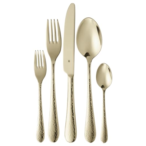 WMF Sitello Besteck Set 6 Personen, Gold-Edition, Essbesteck Set 30 teilig, Monobloc-Messer, Cromargan Edelstahl poliert, Hammerschlag, ergonomisch, glänzend von WMF